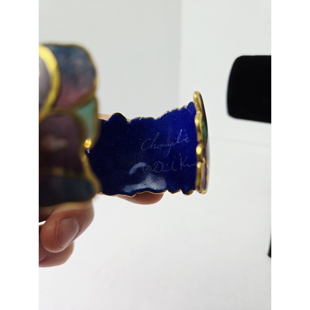 Vintage Signed David Kuo Champleve Enamel Cuff Bracelet Cloisonné Butterfly pink - Picture 4 of 4